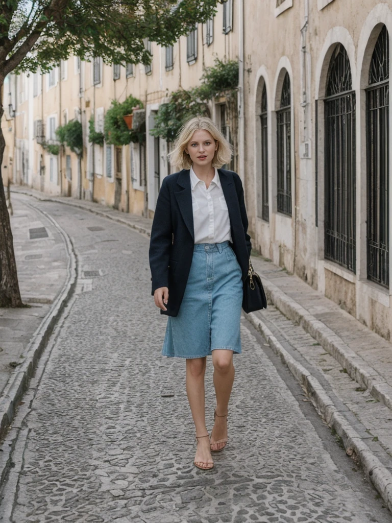 her name is Amelie, high quality, 1girl, ((25-year-old fit Caucasian woman)), ((25 years old)), ((SLIM)), ((French Bob BLONDE HAIR)), pose: standing, wearing Exclusive Fashion-forward Generation-Z modern wear different colored, BACKGROUND:"Lived in the picturesque streets of Lisbon, with its colorful tiles, historic trams, and stunning views from hilltop miradouros."