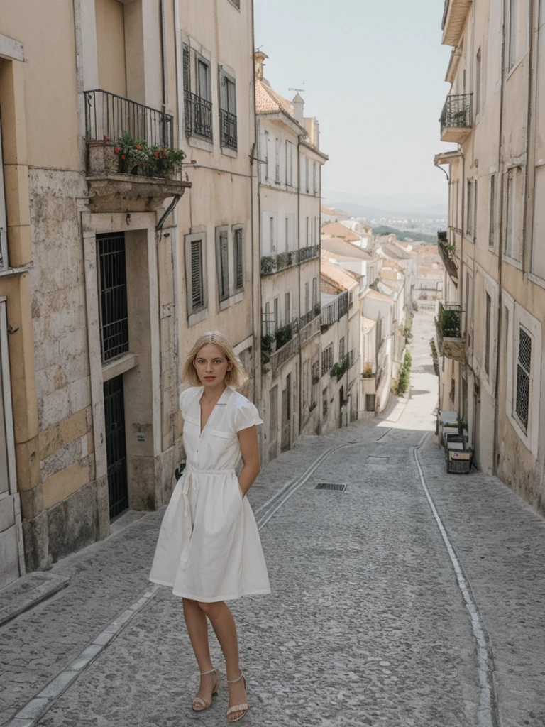 her name is Amelie, high quality, 1girl, ((25-year-old fit Caucasian woman)), ((25 years old)), ((SLIM)), ((French Bob BLONDE HAIR)), pose: standing, wearing Exclusive Fashion-forward Generation-Z modern wear different colored, BACKGROUND:"Lived in the picturesque streets of Lisbon, with its colorful tiles, historic trams, and stunning views from hilltop miradouros."