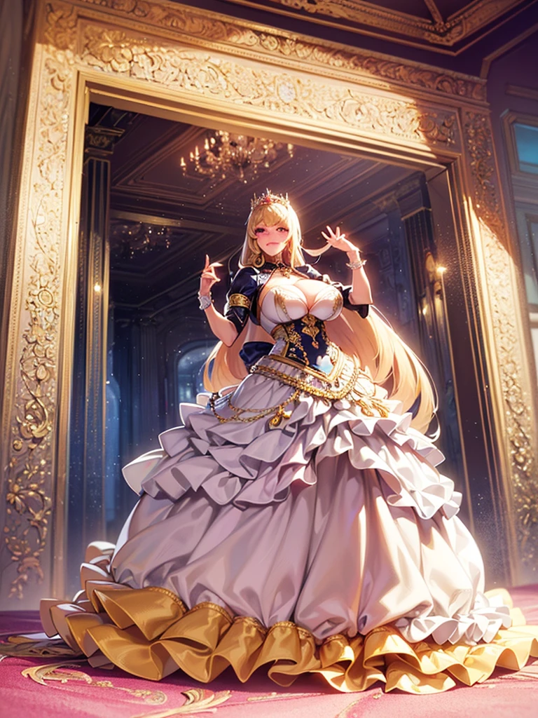 ((Anime Art Style)),(masutepiece),(Best Quality), (Super Detail),(Highly detailed CG Unity 8k wallpaper),((Very delicate and beautiful)),((Full body portrait)),((Stand in the garden)),((Solo)),(((One princess in gorgeous embroidery and jeweled very gorgeous Rococo princess ball gown with voluminous full-length hoop skirt ))),(((Crinoline Hoop Skirt))),Long Train,((Gorgeous embroidery and jewelry)),voluminous ruffles,(((very very gigantic ,Skindentation))),cleavage,((Very long straight hair,Very voluminous straight long hair,Very long straight hair)),(finely detailed face and eyes),((Seductive smile,embarrassed)),Beautiful eyes like jewels,Very gorgeous hair ornament,(A very gorgeous tiara adorned with bling-bling jewels),((Glitter Gorgeous Gemstone Jewelry)),Gorgeous Long Veil,(opera gloves),(Beautiful background),(Full body),((gorgeous embroidery and jeweled gorgeous Rococo princess ball gown with voluminous full-length hoop skirt))