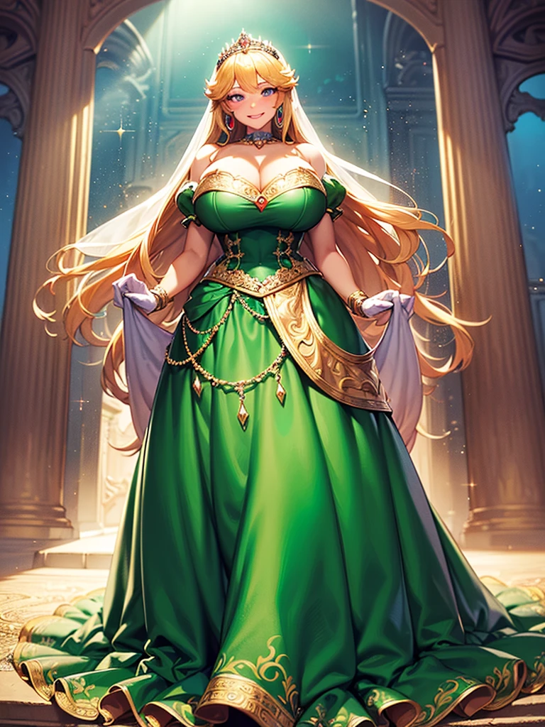 ((Anime Art Style)),(masutepiece),(Best Quality), (Super Detail),(Highly detailed CG Unity 8k wallpaper),((Very delicate and beautiful)),((Full body portrait)),((Stand in the garden)),((Solo)),(((One princess in gorgeous embroidery and jeweled very gorgeous Rococo princess ball gown with voluminous full-length hoop skirt ))),(((Crinoline Hoop Skirt))),Long Train,((Gorgeous embroidery and jewelry)),voluminous ruffles,(((very very gigantic ,Skindentation))),cleavage,((Very long straight hair,Very voluminous straight long hair,Very long straight hair)),(finely detailed face and eyes),((Seductive smile,embarrassed)),Beautiful eyes like jewels,Very gorgeous hair ornament,(A very gorgeous tiara adorned with bling-bling jewels),((Glitter Gorgeous Gemstone Jewelry)),Gorgeous Long Veil,(opera gloves),(Beautiful background),(Full body),((gorgeous embroidery and jeweled gorgeous Rococo princess ball gown with voluminous full-length hoop skirt))