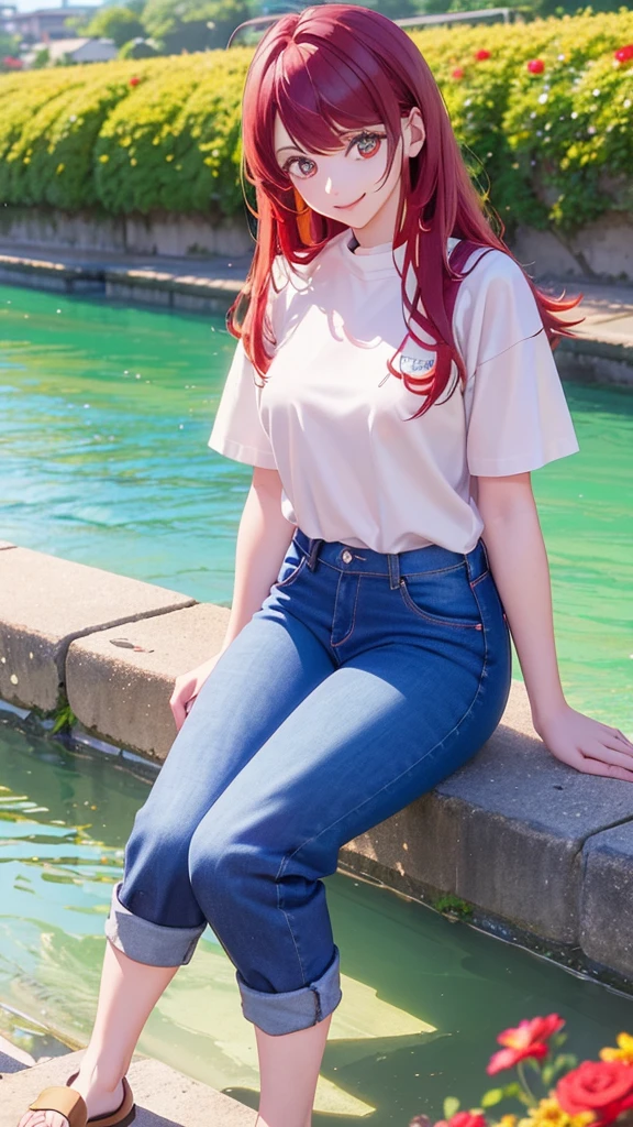 Digital Art, (girl, red_hair, Flowers, Baggy jeans, White shirt, A modest smile, Cute appearance), (Sit on a bench, River in the background, Golden Hour),, Written by ダニイル・スポニツキーjpegman