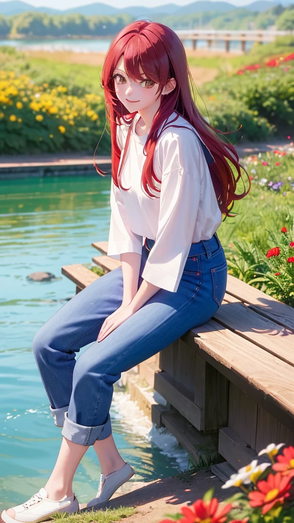 Digital Art, (girl, red_hair, Flowers, Baggy jeans, White shirt, A modest smile, Cute appearance), (Sit on a bench, River in the background, Golden Hour),, Written by ダニイル・スポニツキーjpegman