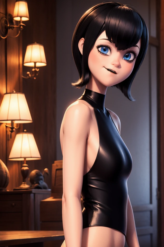 NSFW, 8k,highres, 1girl, tmavis, indoors, room light, front view, black dress, upper body, face,