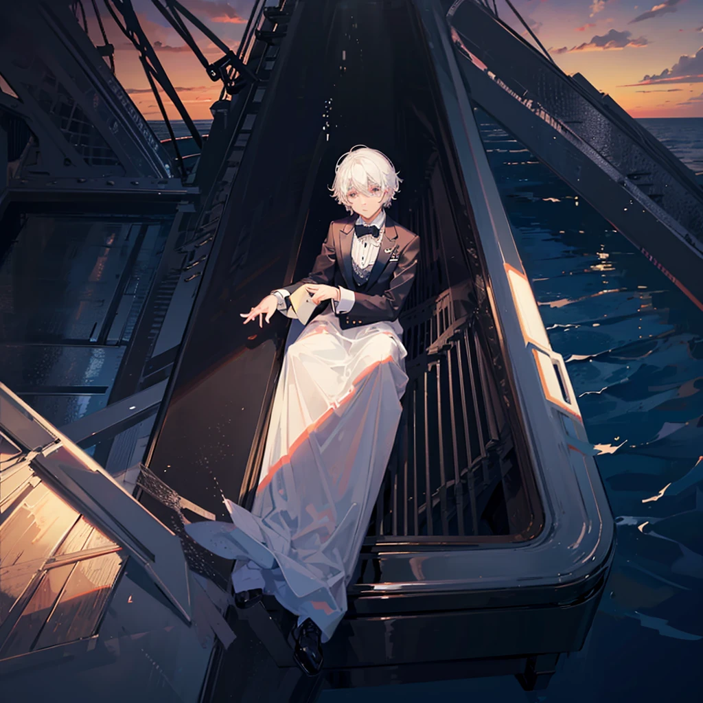 man playing the piano in the middle of the ocean, sunset, beautiful scenemy, grand piano, highly detailed, tuxedo, short white hair