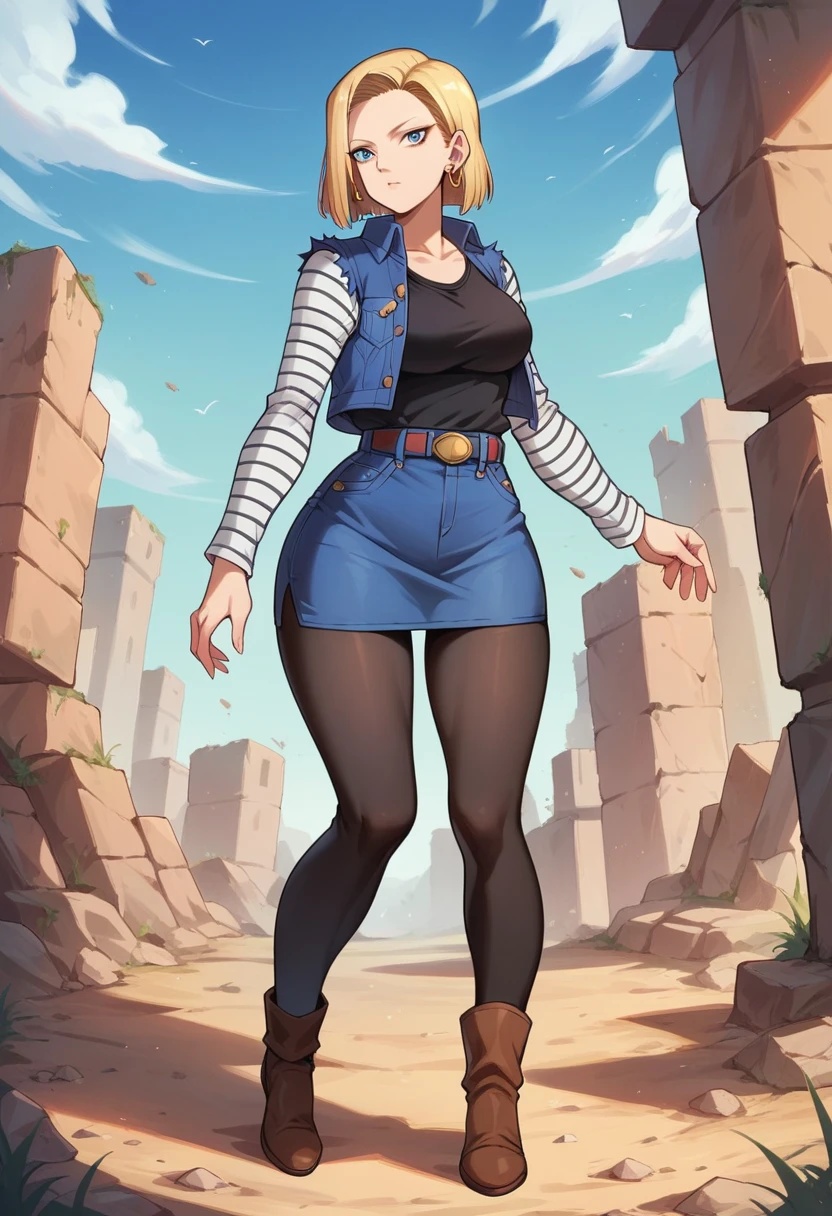 best quality, high resolution, E18, 1 girl, Android 18, standing alone, hair blonde, blue colored eyes, waist belt, blue demin bodycon micro skirt, gold collar, black jersey, shorth hair, long sleeves, white striped sleeves, earrings, open vest, blue denim vest, breasts big, cowboy shot, forst, ever forward, (climate: windy), Combat posture, full length pantyhose, Battle ruins, Broad Hips, sorriso tshy,(((hot in various positions))).