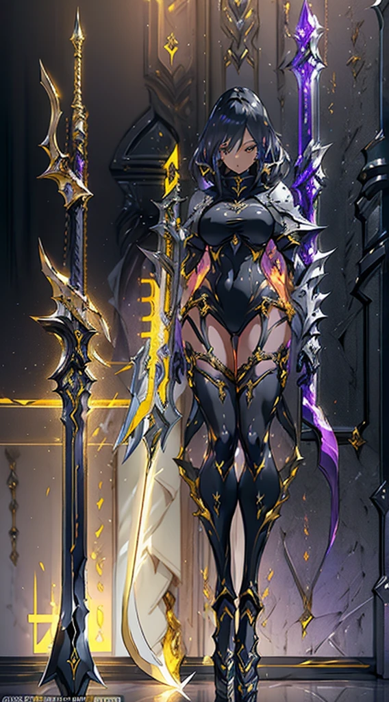 Design a layout showcase Gaming character, ((1girl)), assasin:1.4, Golden+Purple clothes, Black_Desert_style, stylish and unique, ((showcase weapon:1.4)), magic staff, (masterpiece:1.2), (best quality), 4k, ultra-detailed, (Step by step design, layout art:1.5), (luminous lighting, atmospheric lighting), Final Fantasy style, magican, ((glove full hands)), fran, viera, (((revealing clothes:1.3))), vambraces, armored legwear, (((full_body_shot:1.4))), Niji, back_view, T_pose