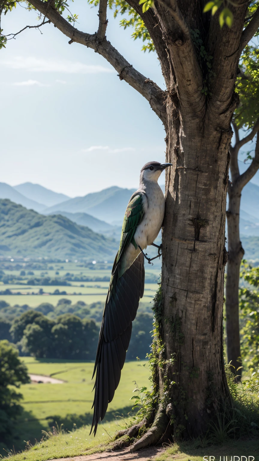 there is a large green, black, mottled striped bird in a beautiful landscape in the background, rare bird, long tail, very beautiful and elegant, beautiful and elegant, long and elegant tail, captured on canon eos r 6, long tail, beautiful and graceful, long tails, by Sudip Roy, mischievous look, sitting on a curly branch, high quality nature photography