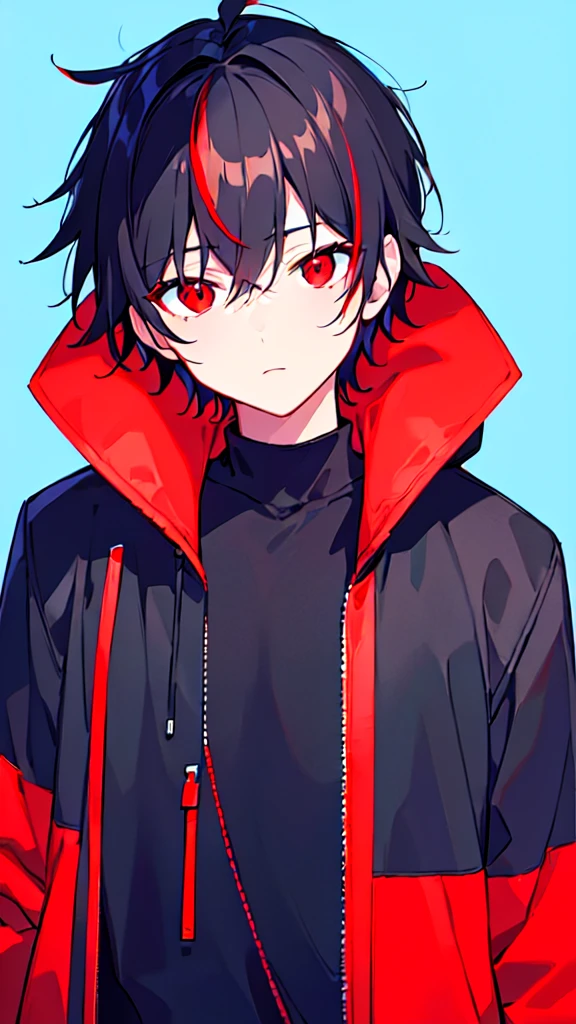 [(BLUE BACKGROUND:1.5),::5], ((((masterpiece)))), high quality, ultra very high resolution, full color, (((solo))), (( boy)), BLACK hair, (Red streaked hair), (oriental Red eyes), anime, ((upper body)), Summer clothes, neon light, black parka, 