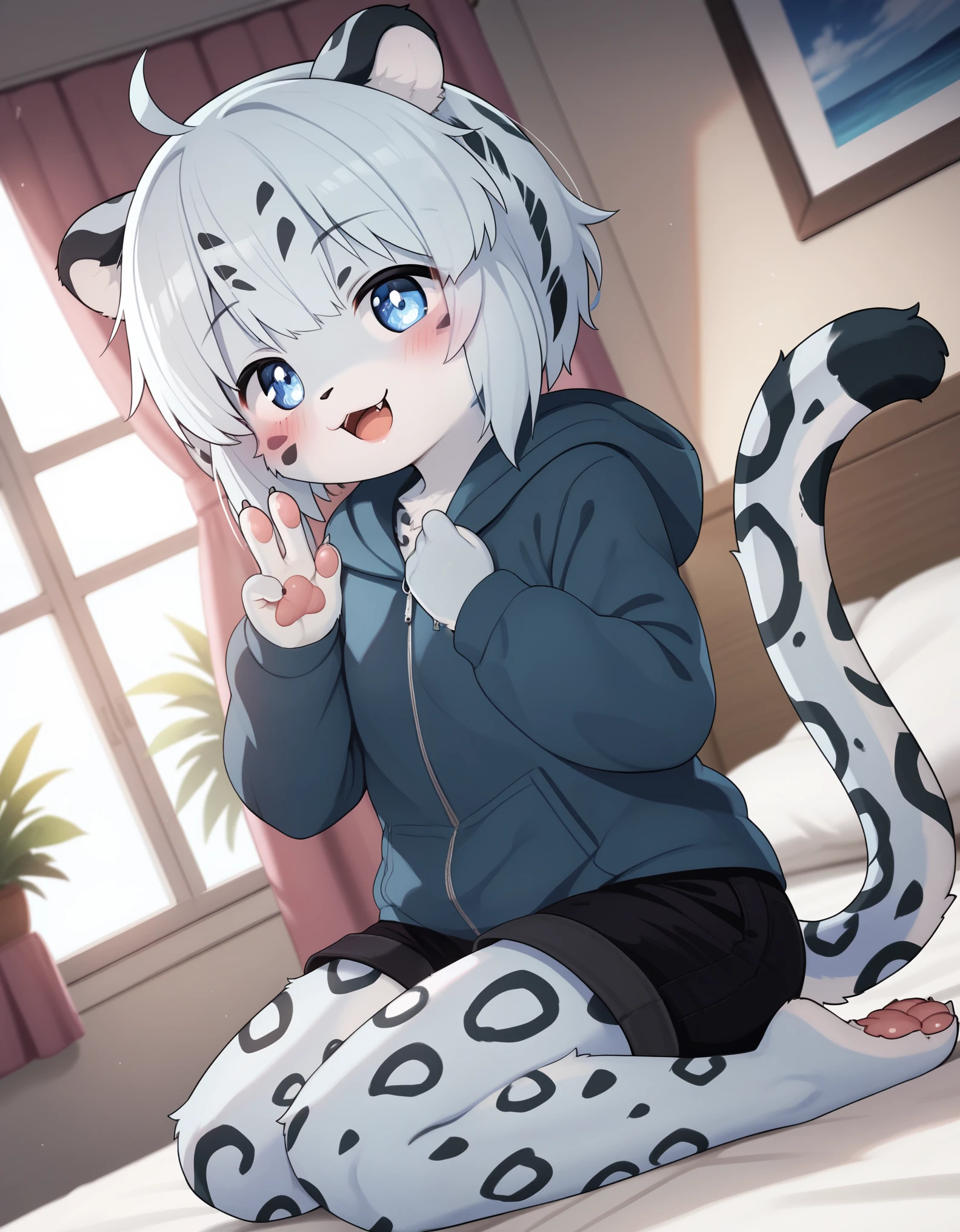 solo, 1girl, female, furry, kemono, anthro, cute face, young, white hair, blue eyes, fluffy body, body fur, short hair, ahoge, bangs, animal ears, tail, leopard ears, leopard tail, detailed eyes, brilliant eyes, 4 fingers, pawpads, perfect anatomy, detailed skin, detailed eyes, detailed lips, perfect hands, perfect face, happy, :D, BREAK black shorts, short shorts, hoodie, hood, BREAK seated on bed, bed, bedroom, blue room, looking at viewer, indoors, colorful, dutch angle, BREAK ((ultra-detailed)), ((best quality)), ((best quality)), ((beautiful eyes)), ((extremely detailed)), 4K, (8K), best quality, (beautiful), Master piece, highres, score_9, score_8_up, score_7_up, score_6_up, colorful, best quality, official art, highres, masterpiece, nai3, god light, detailed background, high quality background,AddXL