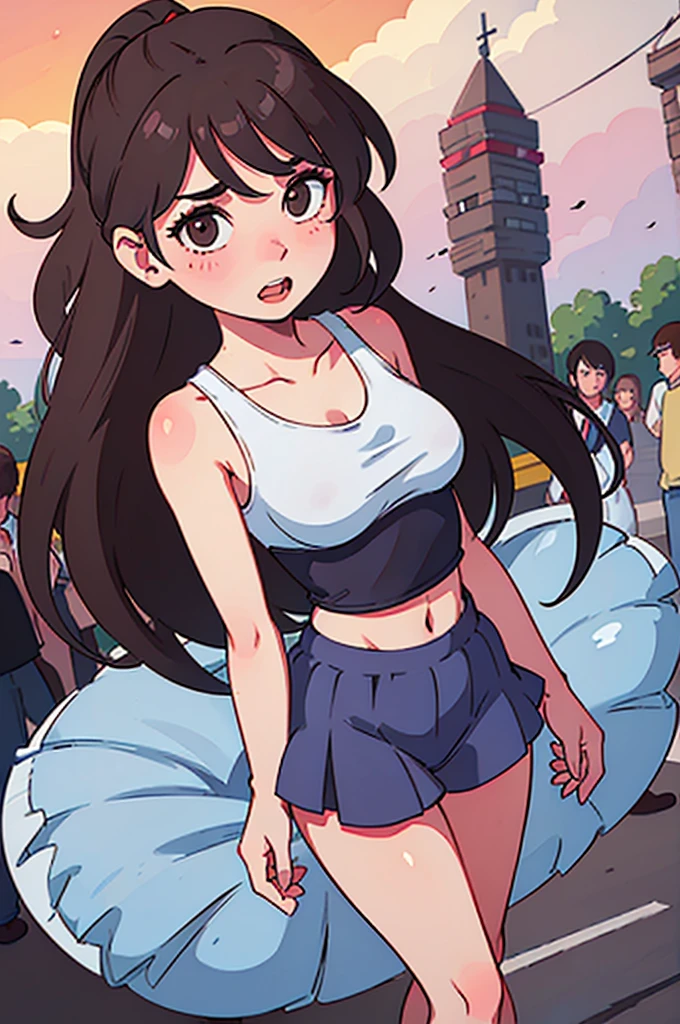 (1:girl) An 18 year old girl, BREAK ((clear and detailed face, nerd, dork, brown hair, ponytail hairstyle, (perfect anatomy), perfect five fingers, beautiful detailed hair, brown hair, slim legs, medium breast, big dips, brown eyes, authentic skin texture)), BREAK ((She is standing in the middle of a crowd, in a busy public park (outdoors), wearing only cute and comfy white cotton panties and a cute, pink sports bra, only wearing white ankle socks)), (Complete anatomy), cuerpo completo en escena, cute panties, cute sports bra, standing in the middle of the crowd, full body view, add people in the background, babydoll underwear, full body view, crowd looking at her, laughing at her and taking pics of her. Crowd looking at her, full body view, more environment view, long distance shot, front shot, clear face, (embarrassed, panicking, shy, full-face blush, open mouth, parted lips:1.3)