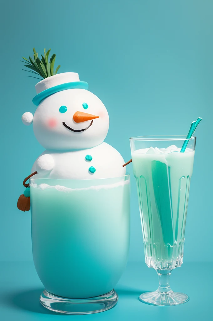 Cyan background with a snowman holding a glass of sugarcane juice.
It could be a 2d drawing