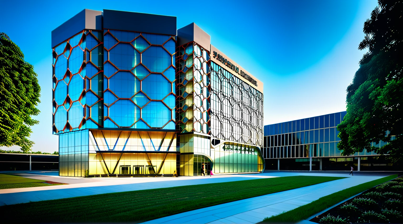 modern office building, modern style, modern, dynamic (RAW photo, real, best quality, masterpiece:1.2), (hyper realistic, photo-realistic:1.2), high quality, (dark lighting:1.2), perfect lighting, archdaily, architecture digest award wining sustainable architecture, cinematic, Building height: 8-10 stories, Facade: Low-e glass combined with a hexagonal louver system, Sleek, modern design with a predominantly glass facade, Hexagonal louvers creating a distinctive pattern across the building's surface, Main entrance with a canopy or architectural feature to mark the entry point, Possible rooftop terrace or green roof element, Urban setting with other mid-rise buildings nearby, Wide sidewalk in front of the building with some landscaping, Street view showing neighboring structures and city life, Possibly include trees or green spaces around the building, Bustling city environment with pedestrians and vehicles, Reflections of the surroundings on the glass facade, Interplay of light and shadow created by the hexagonal louvers, Overall impression of a harmonious blend between the building and its urban context
