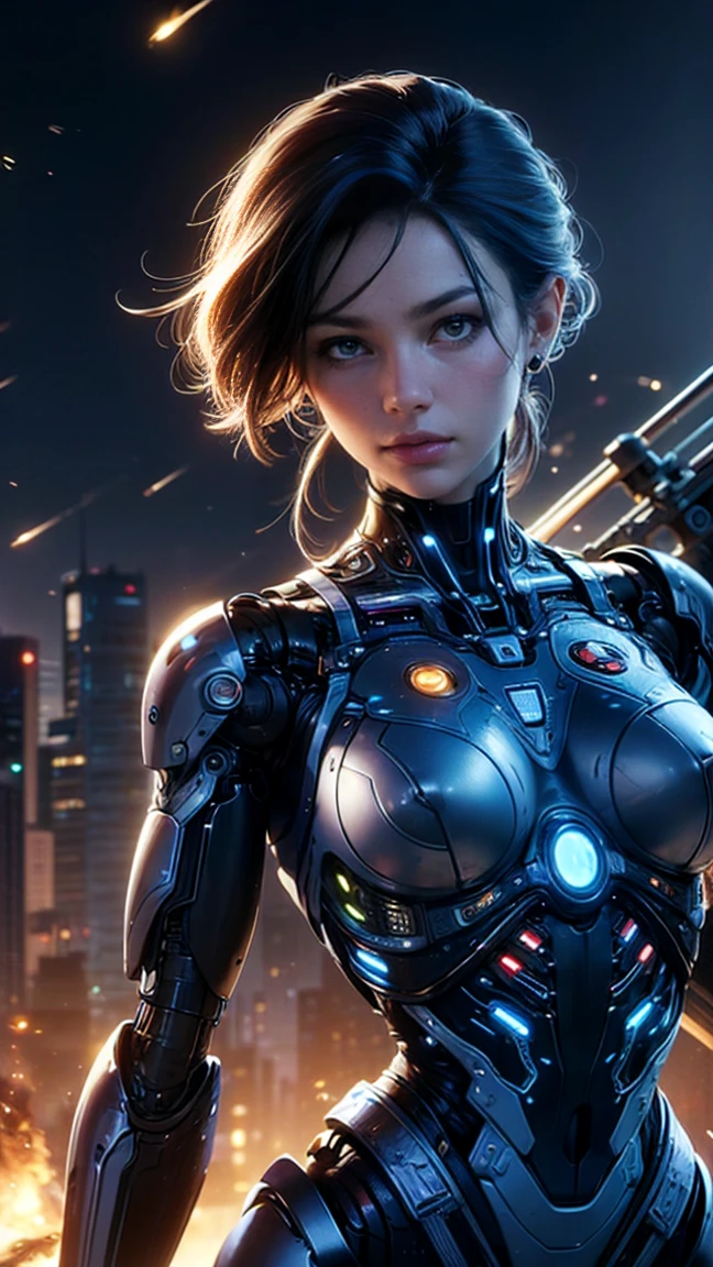 top quality, future world, State-of-the-art robot, Beautiful Woman, flying hair, Transformed into a cyborg except for the face, sexy images, whole body photo, ((holding sniper rifle, concentration, focus, shooting fire, bullet in air))