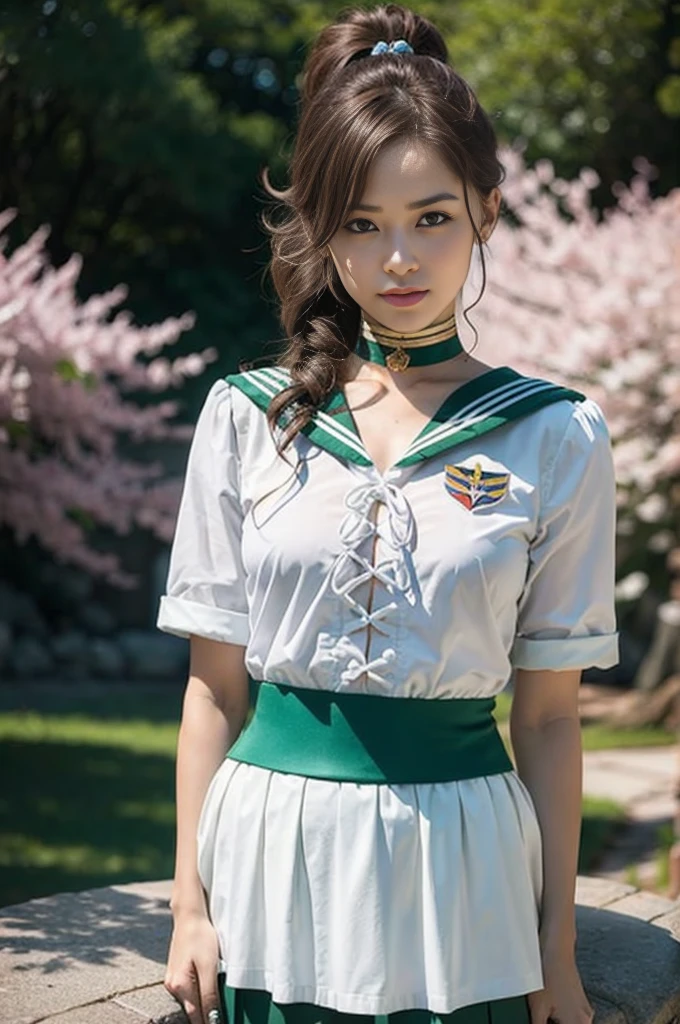 (Full Body Shot:1.7), (masterpiece, Highest quality:1.4),One girl, alone, Ham Jupiter, (Green Eyes), ponytail, (tiara:1.2), jewelry, (Sailor Warrior Uniform:1.5), Green sailor collar, choker, Elbow hand pockets, White gloves, Pink ribbon, brooch, White leotard, Green Skirt, Pleated skirt:1), Beautiful Face, Highly detailed face, Highly detailed eyes, Highly detailed skin, Skin pores, Scattered beneath the surface, Realistic pupils, Mid-chest, Sexy smile, Blush all over face, Fuller lips, Cherry blossom tree background, Scattered beneath the surface, Detailed Background, Depth of written boundary, Volumetric lighting, Sharp focus, Absurd, Realistic proportions, Excellent anatomy, (Realistic, hyperRealistic:1.4), 16k hdr,

