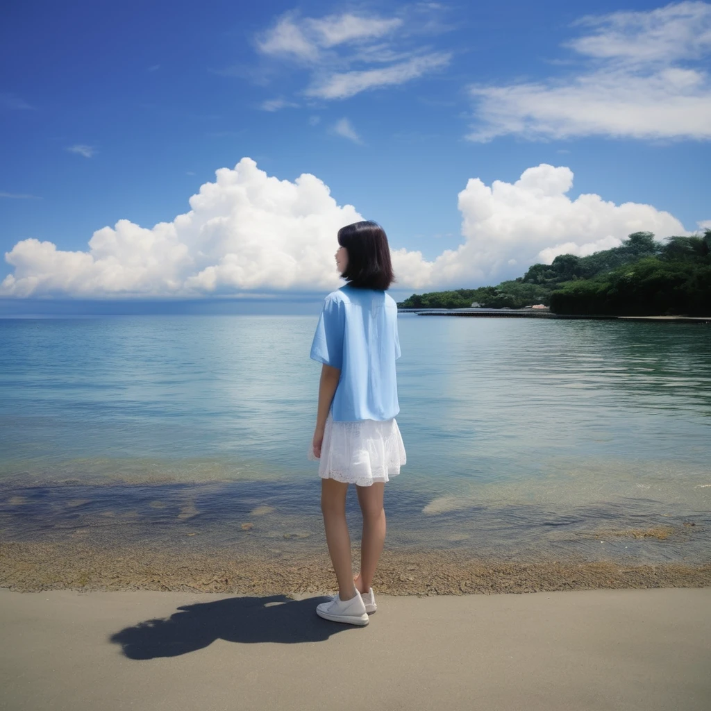 Seaside、blue sky、cumulonimbus、16 years old、Girl&#39;s back view、Raise your arms
