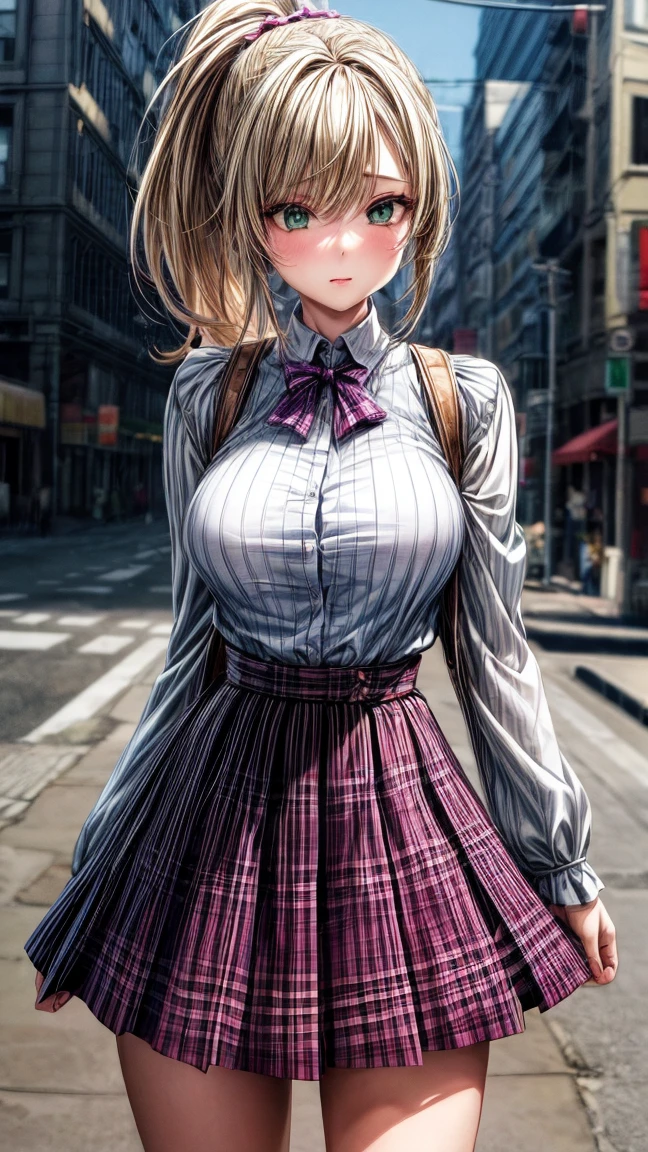 1 Girl,masterpiece,best quality,Blonde Hair,(Ponytail),Green Eyes,(White),(Purple plaid skirt),Short skirt,permanent,full length,Medium breasts,WhiteT恤,In front of the street,Extremely detailed,[[Practical]],beautiful alluring anime teen girl,Attractive anime girl,Fluttering skirts
