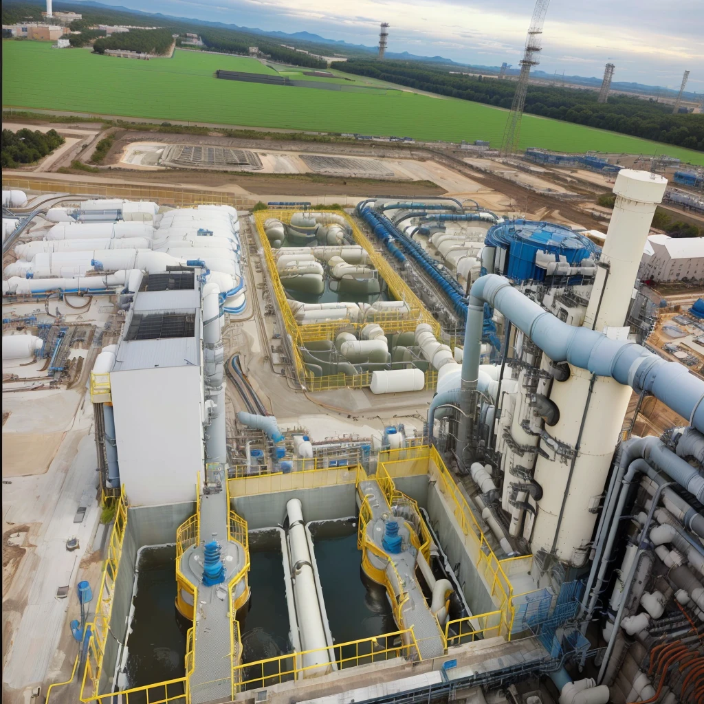 Aerial view of a large industrial plant,Blue sky and white clouds,Wastewater treatment plants,Coarse grid room、 Water distribution well 、 Secondary sedimentation tank 、High efficiency sedimentation tank、Disinfection of fire water pool、Blower room、Deodorization system