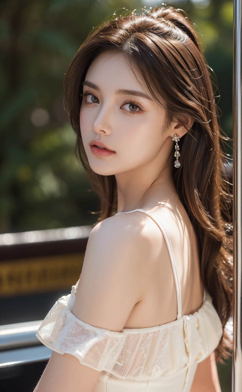 ((Best quality, 8K, masterpiece: 1.3)), full body, clear focus: 1.2, perfect body beauty: 1.4, slim abs: 1.2, (((dark brown hair,: 1.2)), dress dress: 1.1, (railway carriage: 1.1), highly detailed facial and skin texture, exquisite eyes, wearing gem earrings, off-the-shoulder, in the dark, dark, deep shadows, excellent light and shadows, soft lighting, natural light, soft shadows, warm light, side strong lighting, golden or warm hair, natural color, detailed skin texture, reflective earrings, eye gloss, details and reflective hair, warm background tones