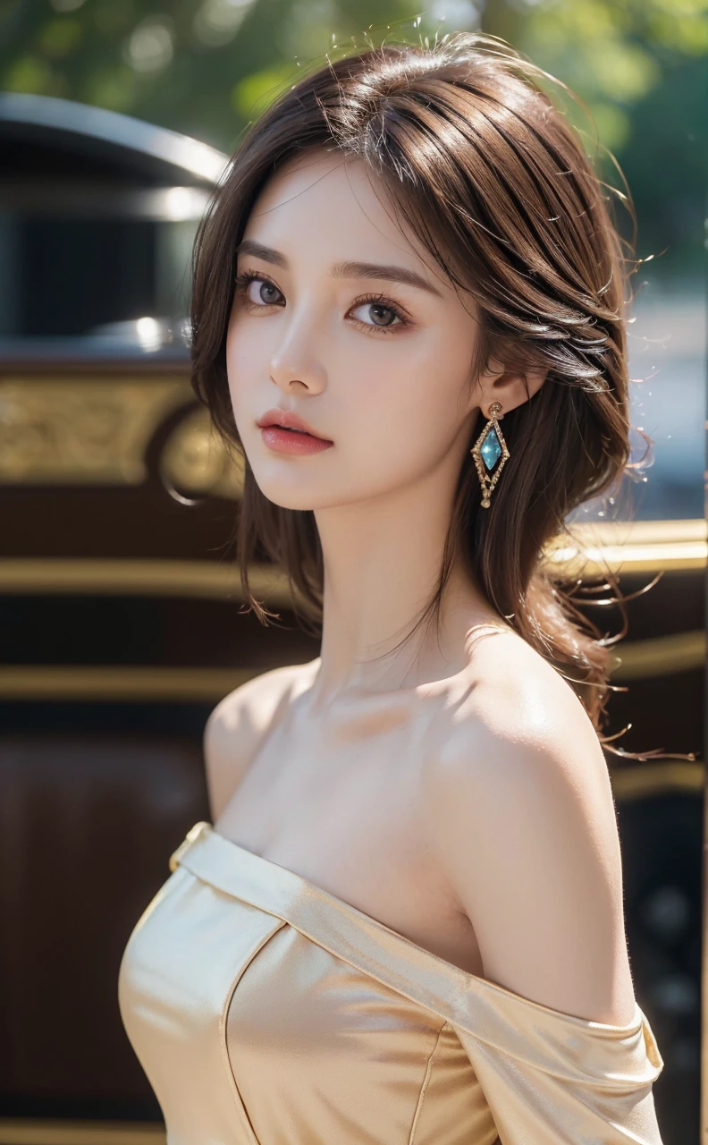 ((Best quality, 8K, masterpiece: 1.3)), full body, clear focus: 1.2, perfect body beauty: 1.4, slim abs: 1.2, (((dark brown hair,: 1.2)), dress dress: 1.1, (railway carriage: 1.1), highly detailed facial and skin texture, exquisite eyes, wearing gem earrings, off-the-shoulder, in the dark, dark, deep shadows, excellent light and shadows, soft lighting, natural light, soft shadows, warm light, side strong lighting, golden or warm hair, natural color, detailed skin texture, reflective earrings, eye gloss, details and reflective hair, warm background tones