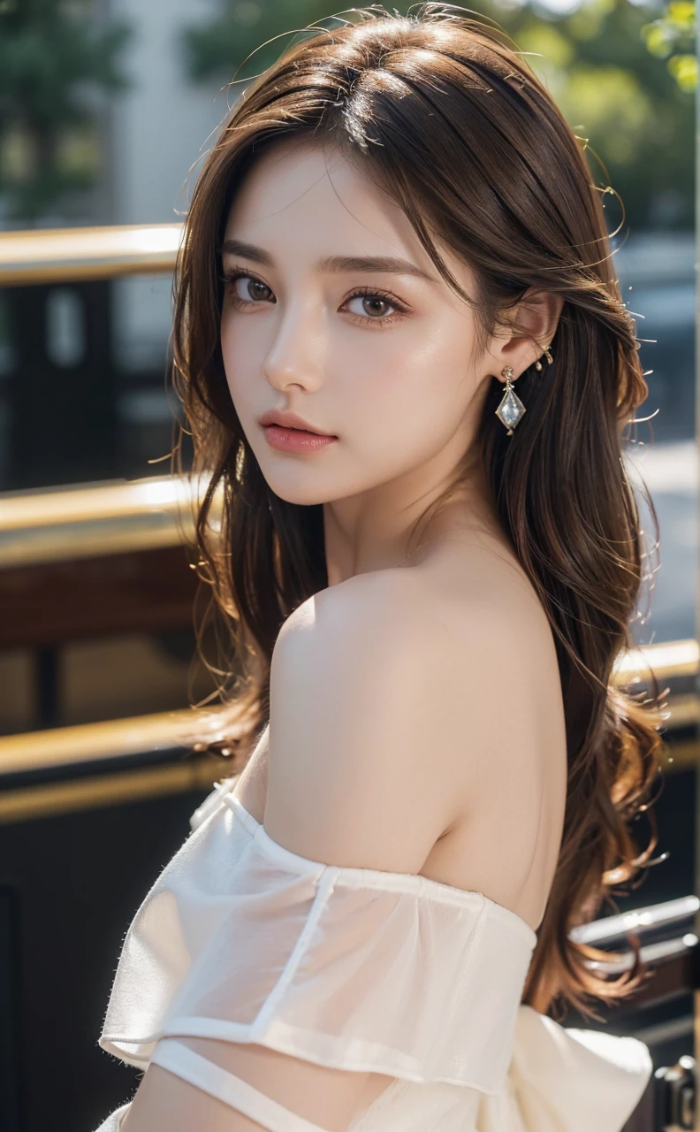 ((Best quality, 8K, masterpiece: 1.3)), full body, clear focus: 1.2, perfect body beauty: 1.4, slim abs: 1.2, (((dark brown hair,: 1.2)), dress dress: 1.1, (railway carriage: 1.1), highly detailed facial and skin texture, exquisite eyes, wearing gem earrings, off-the-shoulder, in the dark, dark, deep shadows, excellent light and shadows, soft lighting, natural light, soft shadows, warm light, side strong lighting, golden or warm hair, natural color, detailed skin texture, reflective earrings, eye gloss, details and reflective hair, warm background tones