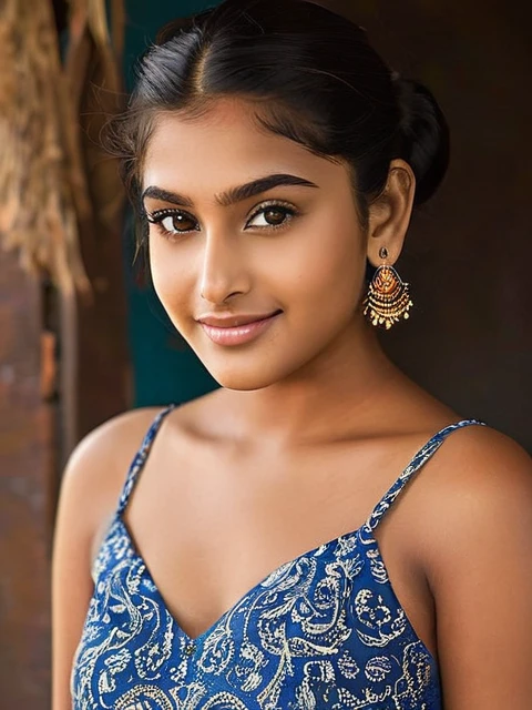 Maya is 18 year old indian girl. Maya stands tall at 70 inches (178 cm) and weighs 180 pounds (82 kg). Her chest measures 44 inches (112 cm), waist 38 inches (97 cm), and hips 46 inches (117 cm). She has intense hazel eyes that reflect her strong spirit, framed by thick, naturally arched eyebrows. Her broad and prominent nose adds to her distinctive look. Maya's full, expressive lips often wear a confident smile. Her medium-sized ears are adorned with simple earrings. Her thick, wavy, dark brown hair is often styled in a loose bun. Her deep tan skin tone gives her a powerful presence. Maya's tall and robust build commands attention, and her warm smile makes her approachable and friendly, drink coffee
