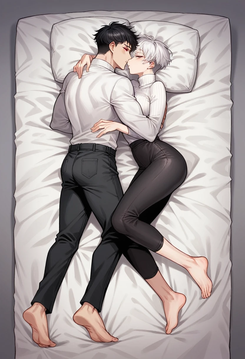 1 girl, short, pixie cut, white hair, white eyelashes, purple eyes, Japanese, white skin, large breast, full body, fit body, sexy, white turtleneck, black pants, 1 boy, long black hair, tall, red eyes, fit body, muscular, black pants, cuddling, passionate couple, husband and wife, in bed, tall boy and short girl
