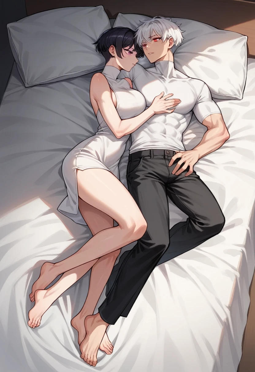 1 girl, short, pixie cut, white hair, white eyelashes, purple eyes, Japanese, white skin, large breast, full body, fit body, sexy, white turtleneck, black pants, 1 boy, long black hair, tall, red eyes, fit body, muscular, black pants, cuddling, passionate couple, husband and wife, in bed, tall boy and short girl 