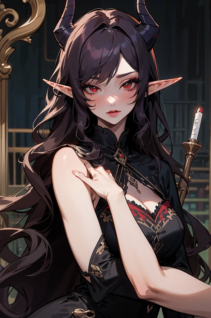 1girl, thirty years old, monster woman, black horns, solo, tavern, extremely delicate and seductive, mature, long and large soothsayer dress, deep red eyes, mid-lenght white wavy hair, elf ears, delicate skin, lipstick, makeup, mature female, dark dress with cape, black dress, embroidery, mystic atmosphere, masterpiece, best quality, 8K, luth instrument