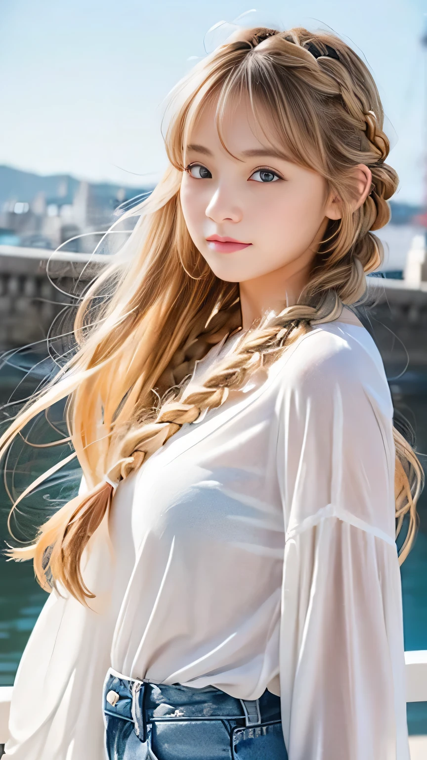 Sexy Big 、Sexy cute looks and cute 15 year old beautiful girl, beautiful and sexy face、A strong wind blows my hair in front of my face、beautiful long blonde French braided hair、beautiful, Cute and sexy eyes hidden behind long bangs