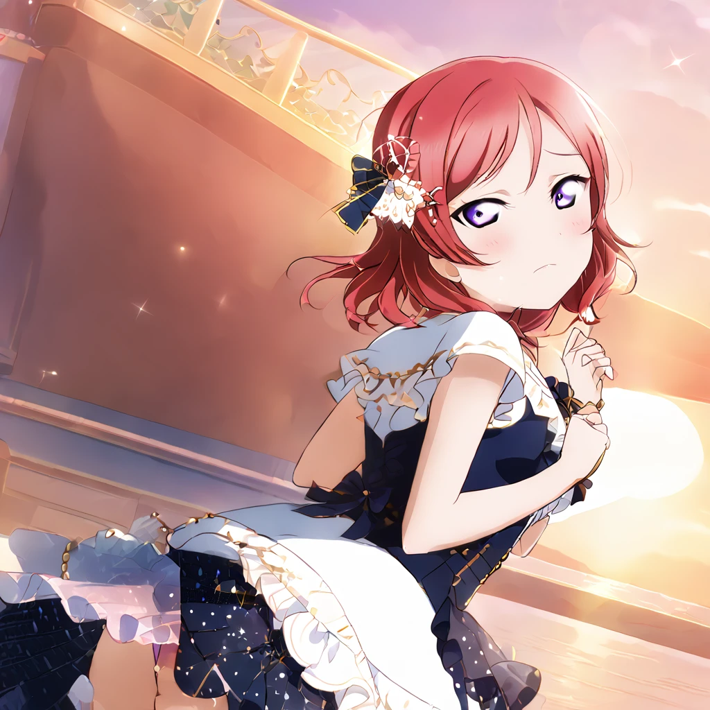Highest quality、masterpiece、Maki Nishikino、Purple Eyes、Red Hair、Embarrassed face、Looking back、Arms are clasped behind back、sunset、cruising、dress、Sparkling、Ocean