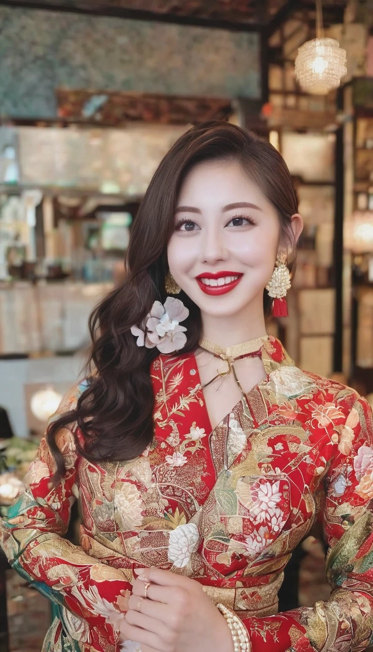 instagram photo, closeup face photo of 20 y.o Chloe in kebaya, Red Lipstick, sensual Lipstick, Sensational Make Up, cleavage, pale skin, (smile:0.4), hard shadows, Red G-STRING, bright lighting
