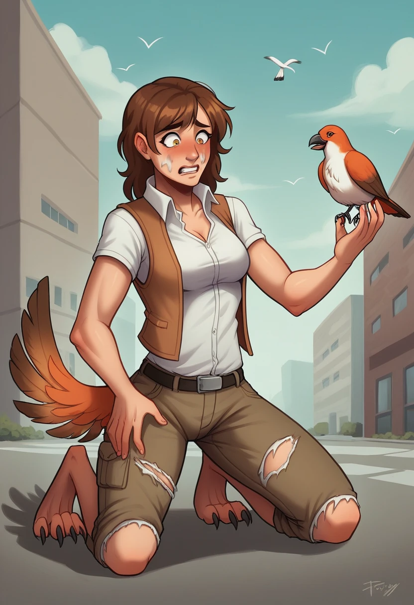 lap,,  , horny expression, ( female girl turning into a female bird), skinny, digitigrade, female, clothes, breast, bust, wearing a vest and cargo pants , BREAK (by zackary911, by braeburned, by haps), (transformation:1.2), on knees, ripped clothes, (human face:1), long straight brown hair, feathers , in the city, ,  bird facial features, mostly transformed into a  bird , tail burst , BREAK
