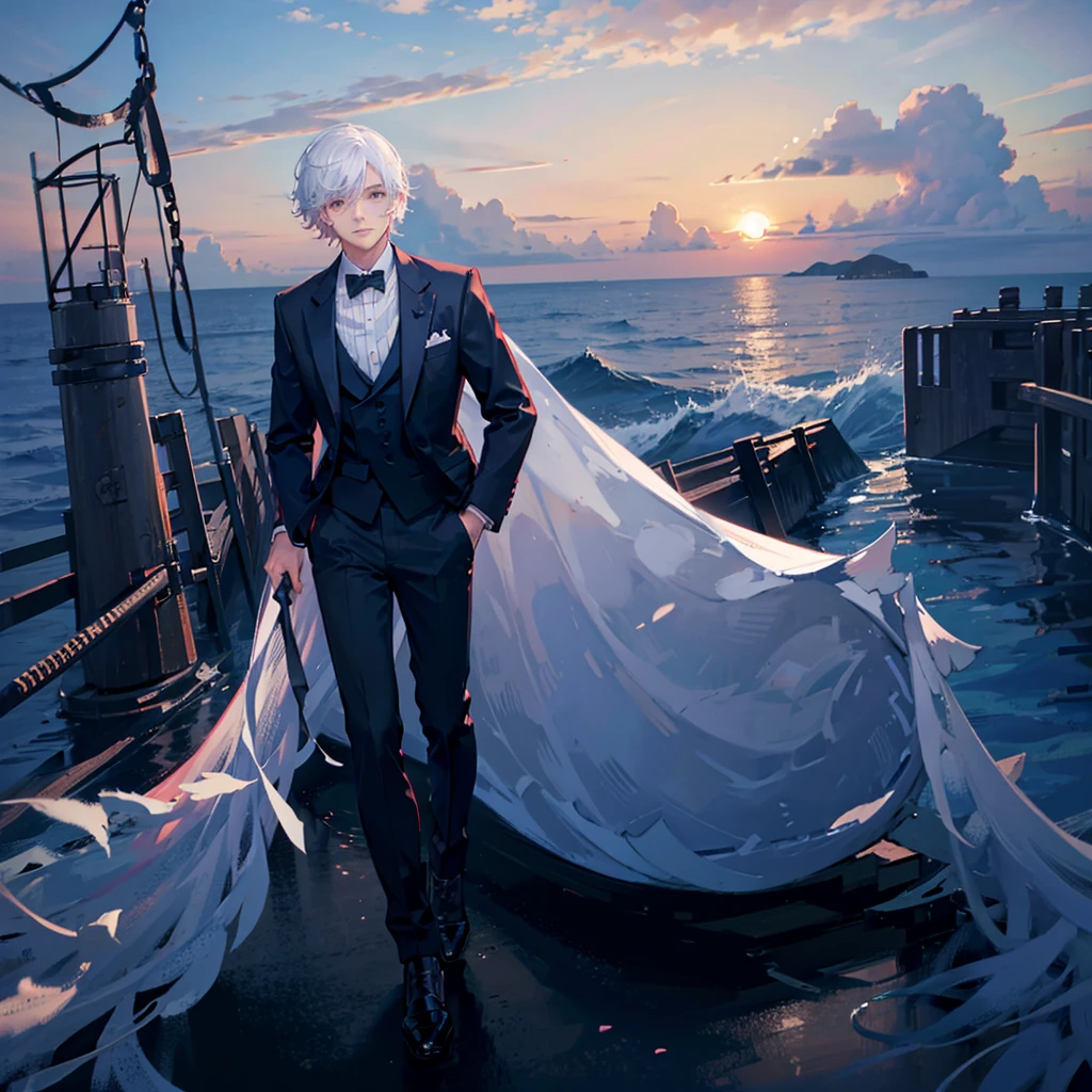 man walking in middle of the ocean, sunset, beautiful scenemy, highly detailed, tuxedo, short white hair
