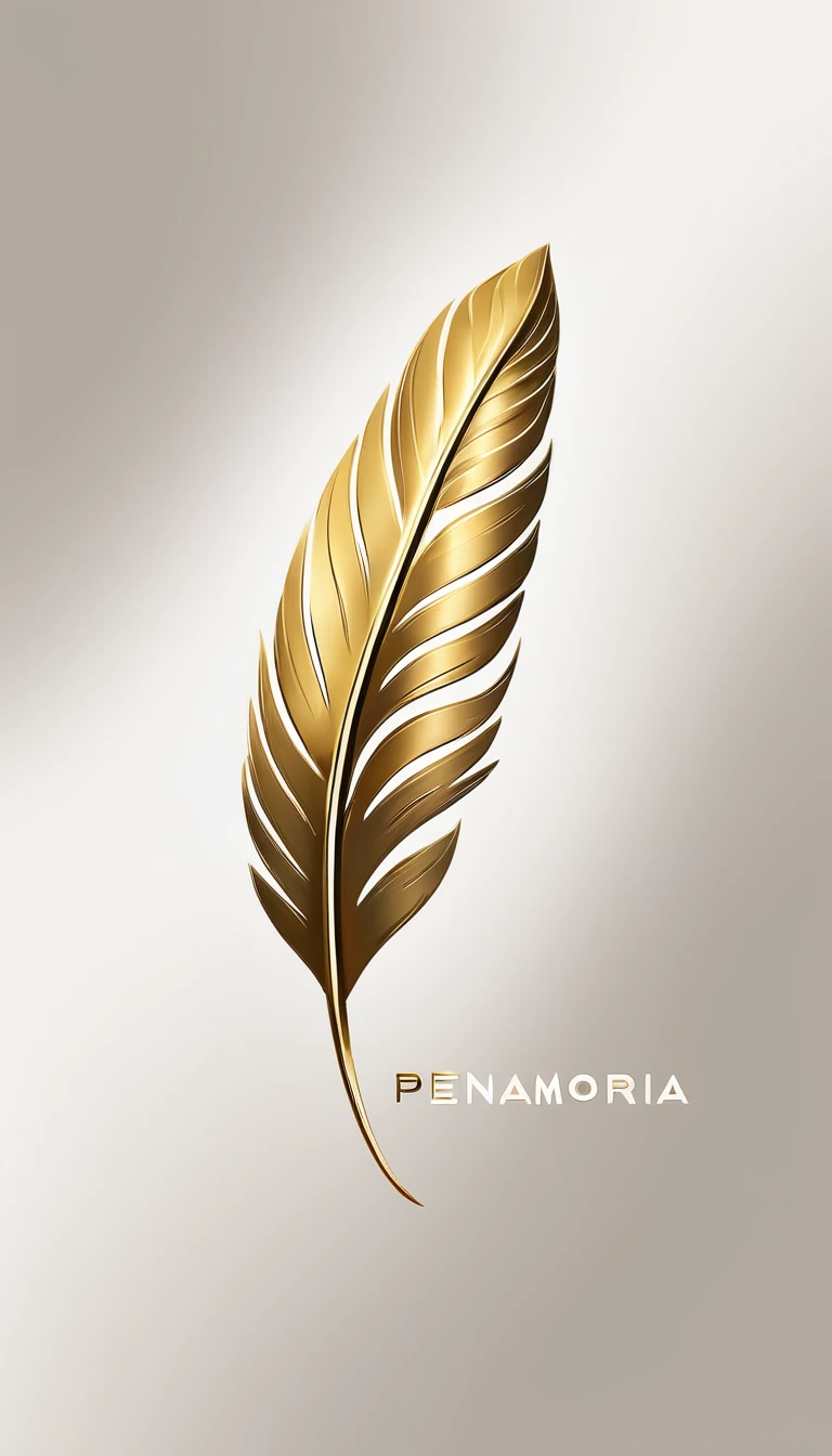 A minimal, modern, simple, cinematic logotype for the brand “Penamemoria". The logotype must be a simple, magical golden feather with white wings. The logo must convey a sense of music, stories and dreams. Minimalistic logo
