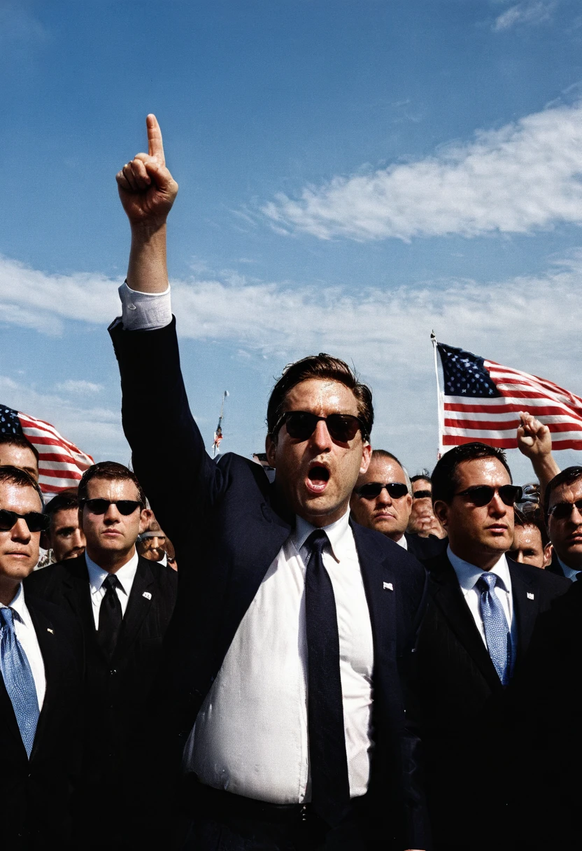 During a heated political rally, a key figure with a noticeable facial injury stands resolutely with a raised fist. The surrounding security team, clad in sharp suits and sunglasses, rushes to provide protection. An American flag prominently waves in the background, contrasting with the clear blue sky and emphasizing the event's patriotic fervor. The scene conveys a powerful mix of determination, protection, and the urgent need for safety in a highly charged public atmosphere.