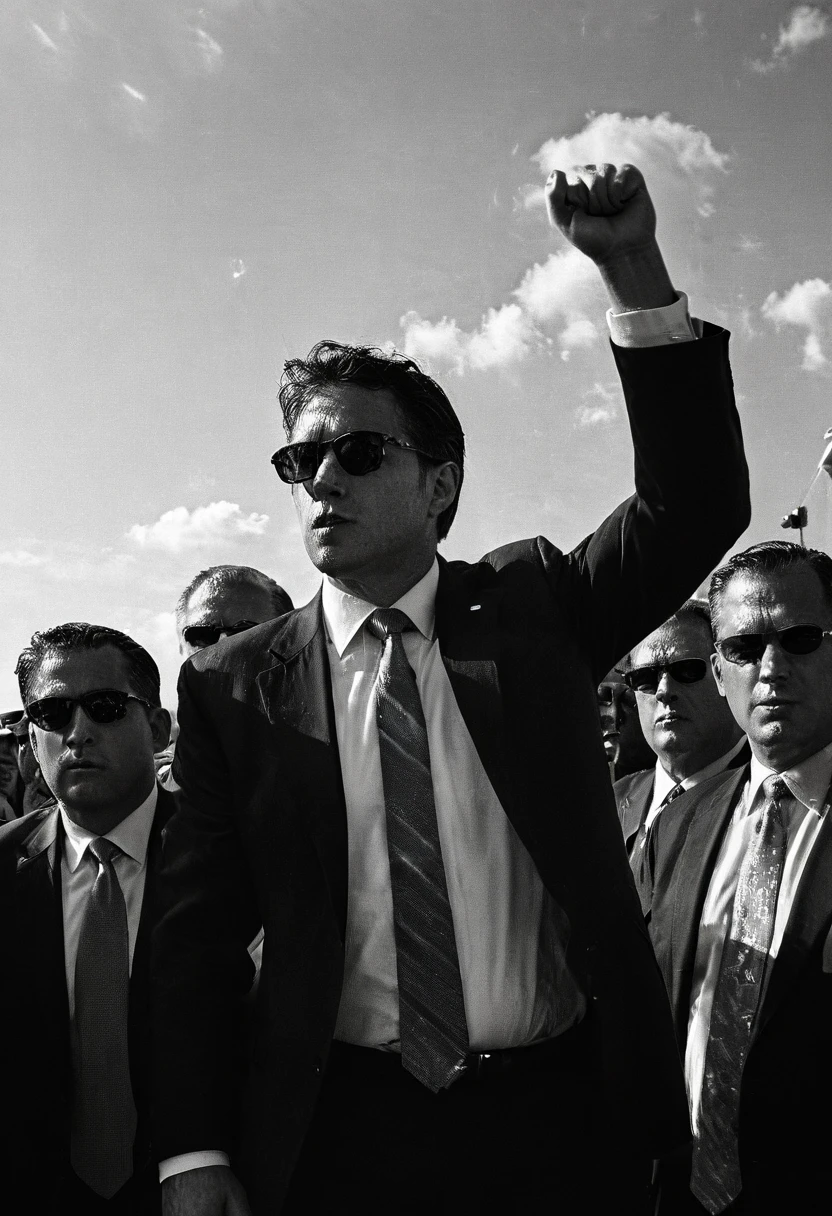 During a heated political rally, a key figure with a noticeable facial injury stands resolutely with a raised fist. The surrounding security team, clad in sharp suits and sunglasses, rushes to provide protection. An American flag prominently waves in the background, contrasting with the clear blue sky and emphasizing the event's patriotic fervor. The scene conveys a powerful mix of determination, protection, and the urgent need for safety in a highly charged public atmosphere.