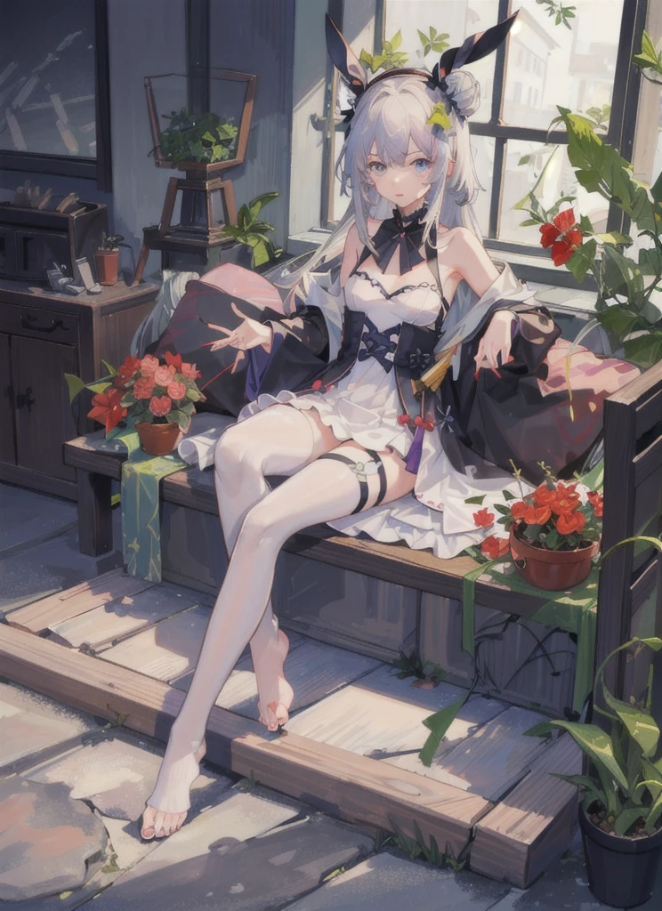flower, nail_polish, plant, potted_plant, double_bun, flower_pot, vase, toenail_polish, animal_ears, rabbit_ears, rose, red_nails, leaf, red_flower, hydrangea, feet, tulip, bamboo, pink_flower, morning_glory, purple_flower, pink_rose, toenails, 1girl, long_hair, vines, blue_nails, toes, red_rose, thighhighs, bouquet, cactus, ivy, garden, soles, pink_nails, blue_eyes, barefoot, sitting, watering_can, yellow_flower, interlocked_fingers, black_legwear, palm_tree, looking_at_viewer, tanzaku, nail_art, tanabata, rabbit_girl, window, amiya_\(arknights\), lily_of_the_valley, camellia, silver_hair, solo, ribbon
