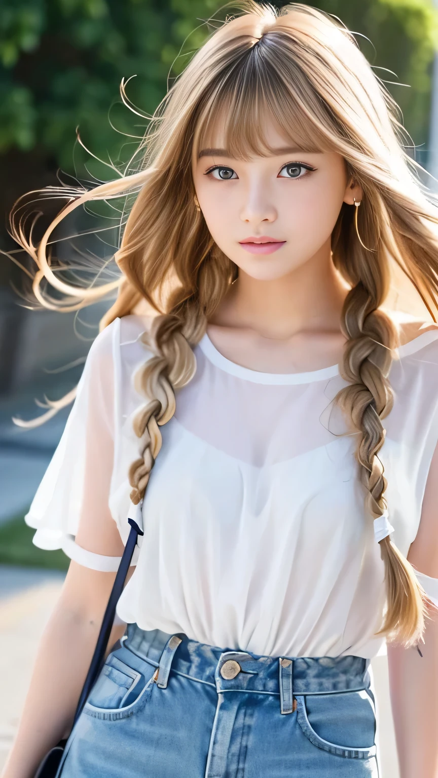 Sunburn marks on tanned skin、blush、Blonde twin tail hair,A cute 17-year-old girl with a cute look, A strong wind blows my hair in front of my face、Beautiful big sparkling eyes, Cute eyes hidden by long bangs、Yawn、No visible nasolabial folds、A short, light-colored miniskirt、A summer shirt with cute colorful patterns、Korean Beauty、Cheeks