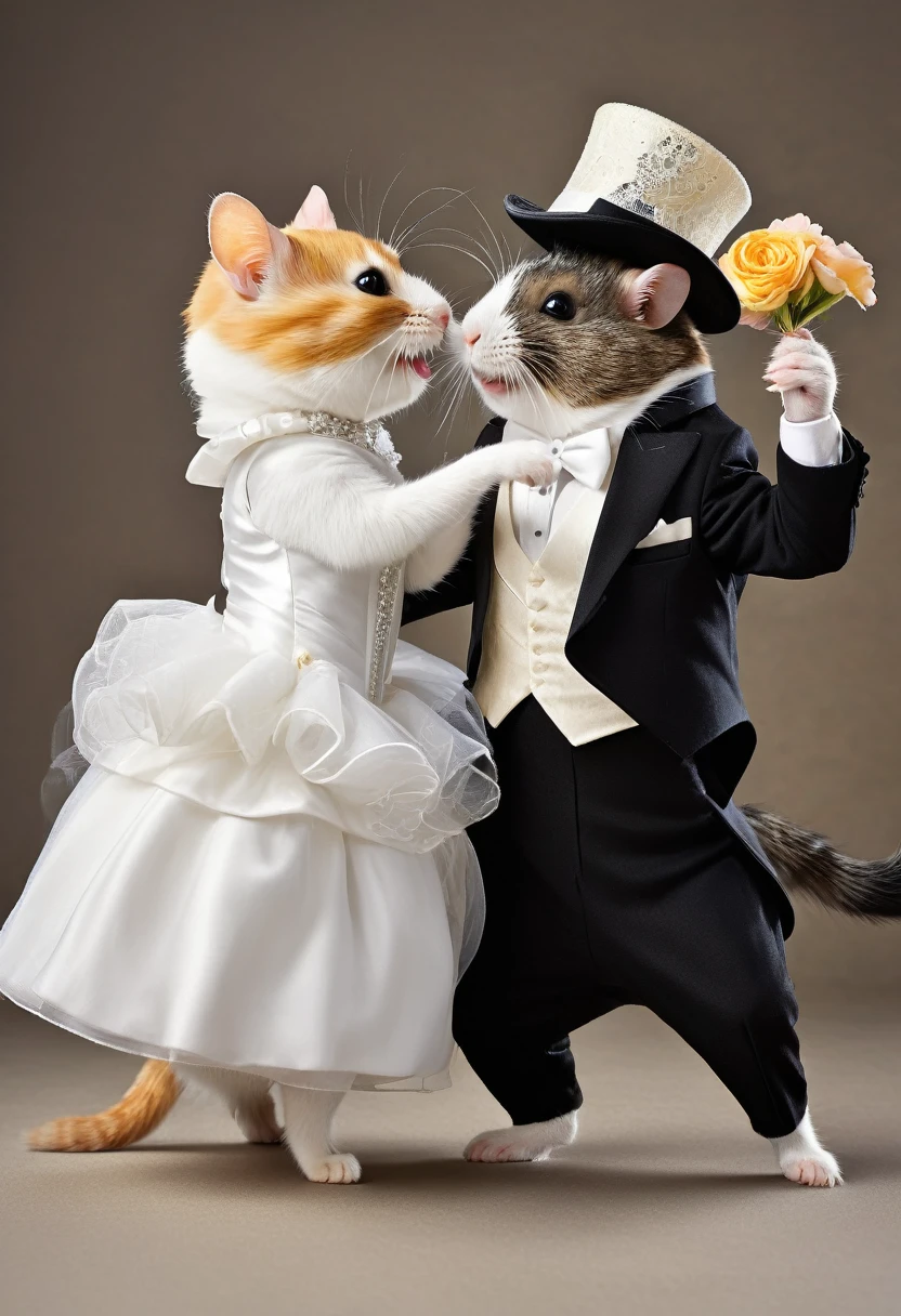 anthropomorphic image of a wedding of a cat and a hamster, the cat dressed in an elegant black suit and hat, and the hamster dressed as a bride dancing a wedding dance, and at the end giving each other a kiss, full body of the Two