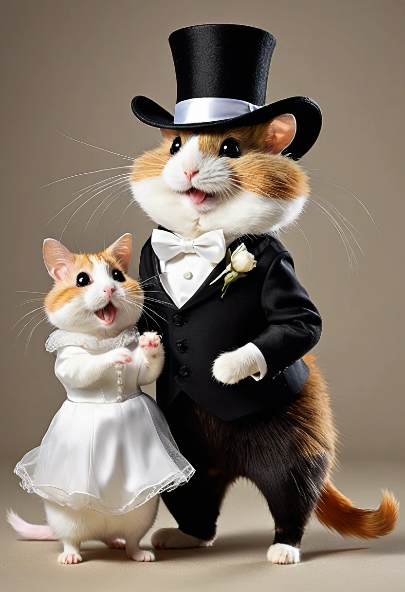 anthropomorphic image of a wedding of a cat and a hamster, the cat dressed in an elegant black suit and hat, and the hamster dressed as a bride dancing a wedding dance, and at the end giving each other a kiss, full body of the Two