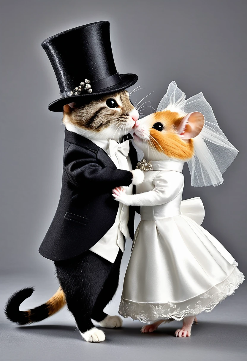 anthropomorphic image of a wedding of a cat and a hamster, the cat dressed in an elegant black suit and hat, and the hamster dressed as a bride dancing a wedding dance, and at the end giving each other a kiss, full body of the Two