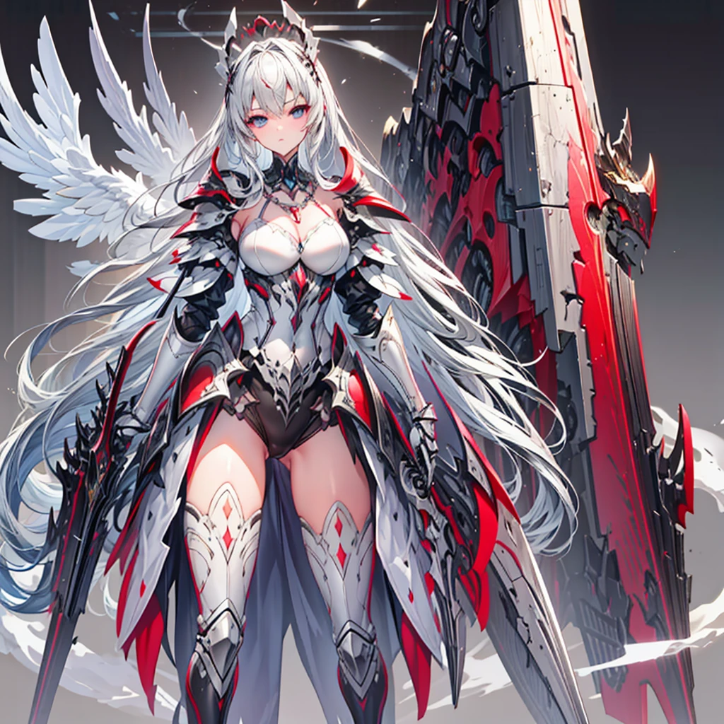 Cute adult girl standing ,girl focus, [Full body armor], ((Plain gray background)),  pokerface, upright immovable, (1girl in:1.3), Bangs,a necklace ,facing front,  （Snow White armor), Super Detail, Crystal Silver Eyes,slender, masterful technique, Long hair, animetic, Solo, Silk White hair, High quality, MastetPiece,ultra-detailliert,[wide-hips] , Beautiful Girl, [Detail Face], detail hands, ultra detail eyes,nothing face emotion, Beautiful eyes