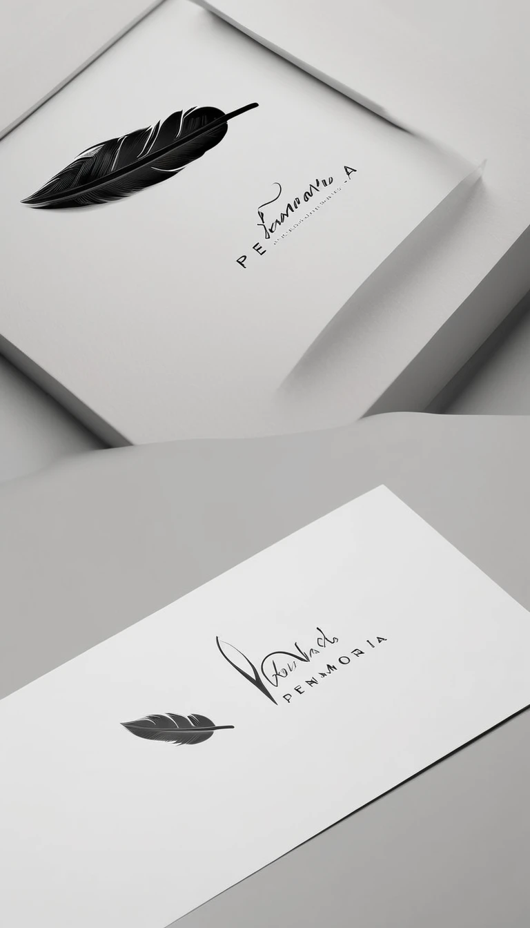 A minimal, modern, simple, cinematic logo design for the brand “Penamemoria". Create a modern, minimalistic, high-quality, logo of a feather that convey a sense of memories and dreams