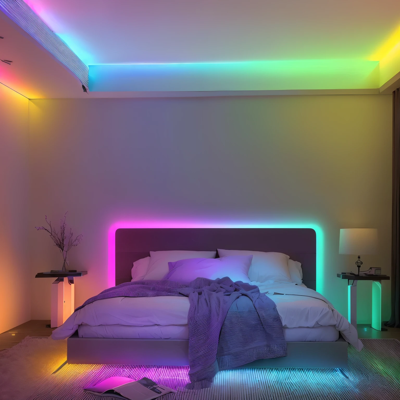 arafed bed with a purple headboard and a white blanket, dramatic colorful lighting, neon ambient lighting, colored lighting, with neon lighting, colorful lighting, colorized neon lights, neon accent lights, dreamy soft neon lights, colorful neon lights, colorful neon lighting, soft calm warm neon atmosphere, volumetric rainbow lighting, rgb wall light, rgb ethereal lighting