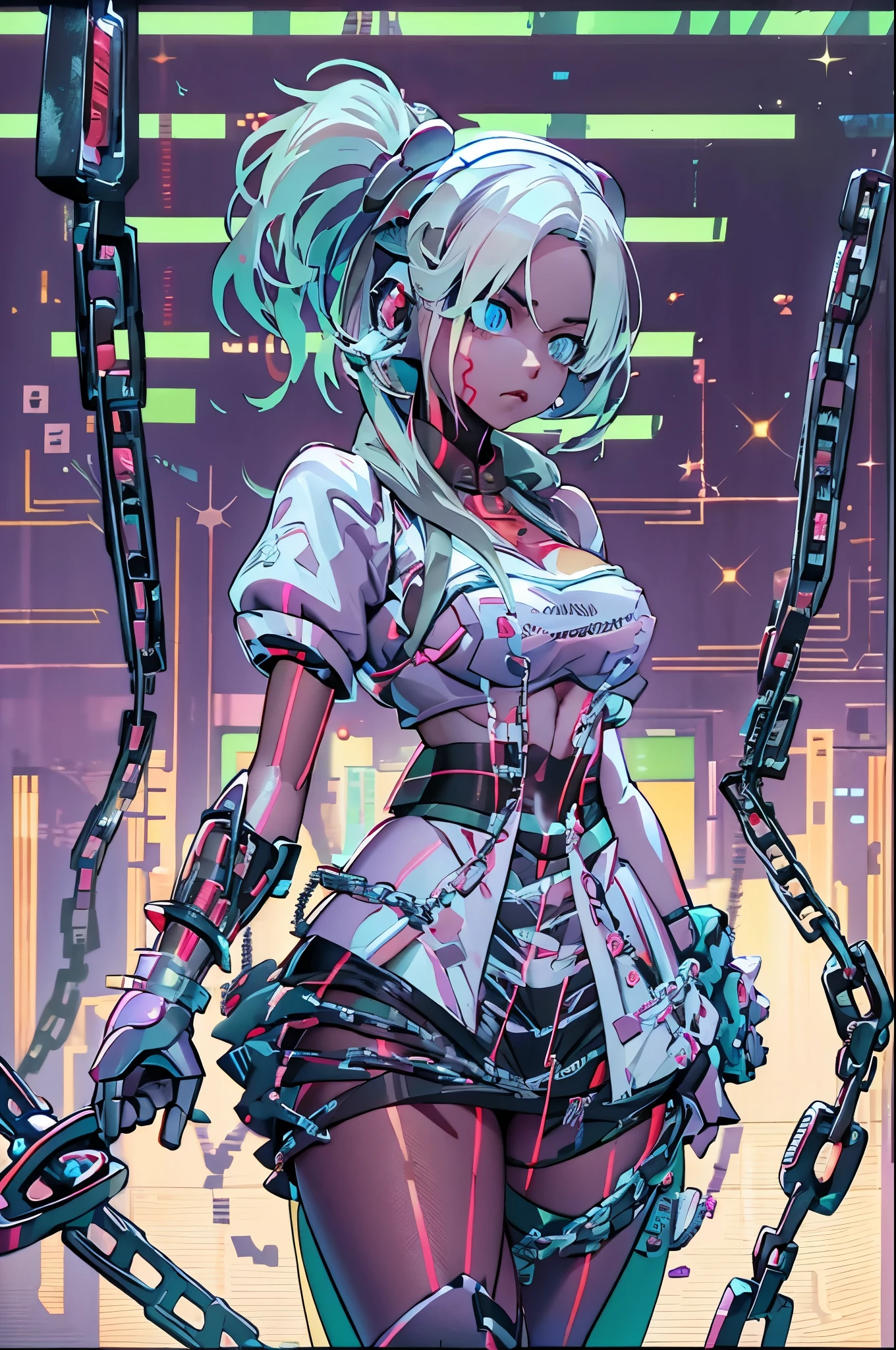 Android Girl,white hair,short and messy hair, purple neon eyes, Holding a chain whip,chains on the hands,chains action, chains around her arm, very cute, skirt, white blouse, cyberpunk theme