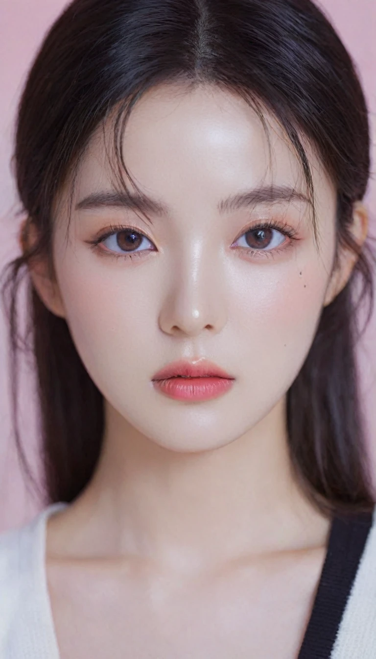 ultra wide shoot, front photo, elegant woman, (Photorealsitic)、(intricate detailes:1.2)、(​masterpiece、:1.3)、beauty face, (top-quality:1.4)、(超A high resolution:1.2)、超A high resolution、(A detailed eye)、(detailed facial features), ((Realistic lighting、top-quality、8K、natural light, ​masterpiece:1.3))、bright photo, Clear focus:1.2、1girl in、flawless beauty:1.4、Superfine Face、big Narrow-eyed、double eyelid、photos realistic, perfect eyes, perfect skin, detailed skin, detailed face, looking viewer, front view, potrait, raw photo, simple soft pink background, (intricate detailed skin textured:1.4) front view, looking viewer, clear face,  1 girl、porate、Bright and very beautiful face、beautiful girl, A stunning close-up portrait showcasing the beauty of a Korean model. The composition features soft, natural lighting , bright eyes, and striking cheekbones. Her glossy,  The background is simply white background,  wear black sweetshirt, neat hair, long hair, instagram model, profil picture, bright and natural