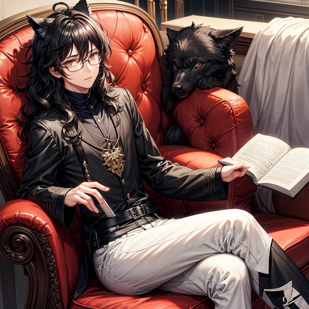 Anime style boy with black wavy hair wolf cut, dark brown almond eyes, white complexion and with black glasses sitting in an armchair and reading a book