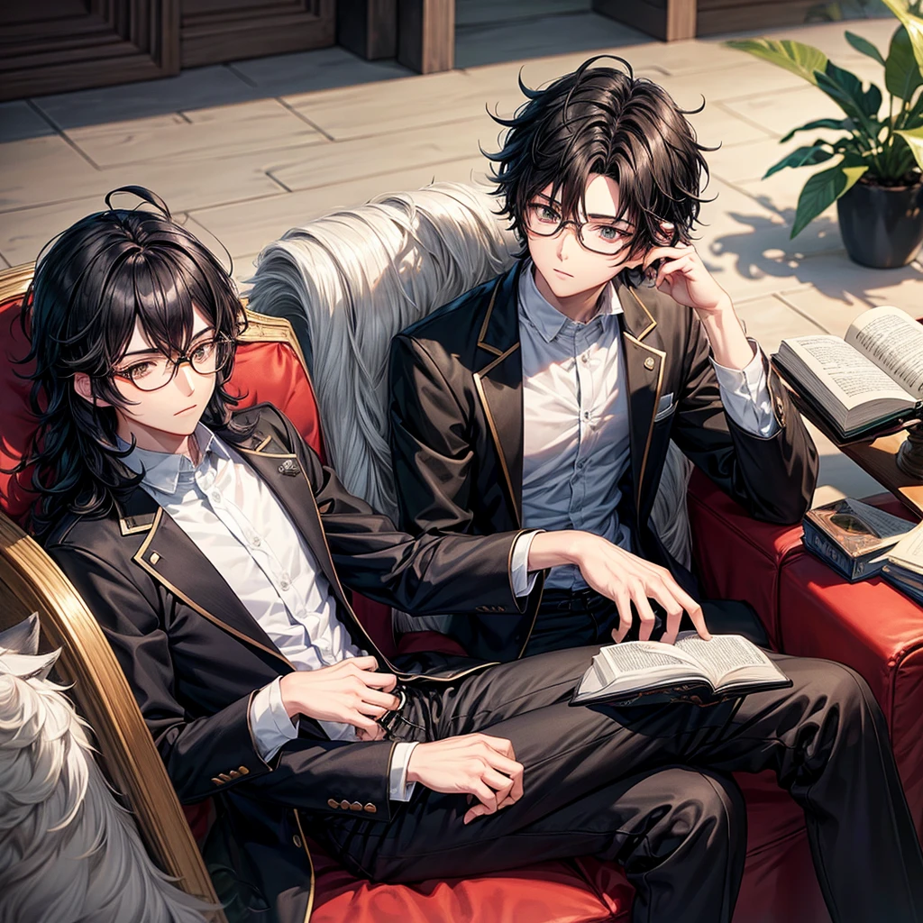 Anime style boy with black wavy hair wolf cut, dark brown almond eyes, white complexion and with black glasses sitting in an armchair and reading a book