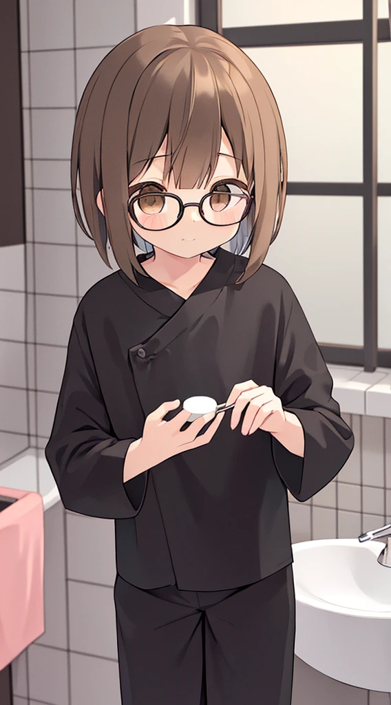 (masutepiece, Best Quality, Capture super cute moments, depth of fields, ultra-detailliert, Ultra High Resolution, C4D, Octadale, 3D Modeling, 8K, 16 K, one girls、a junior high school student、A dark-haired、short-hair、straight haired、Light brown eyes、hair adornments、wearing black glasses、Cute face)、pajamas、Washstand、Brushing your teeth、toothbrush