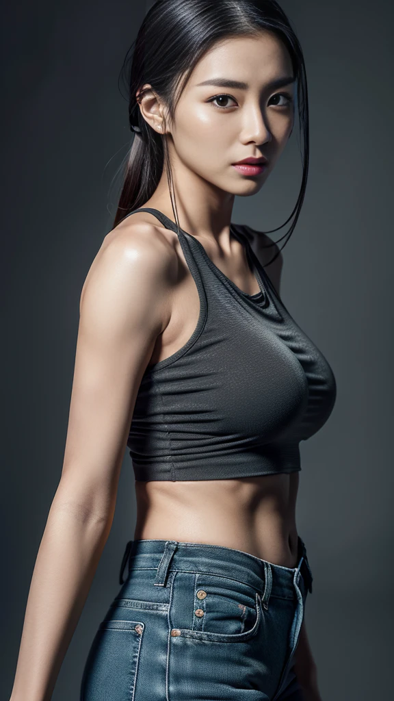 16k UHD,("Jilin beauty model,Very fit and plump figure,Very tall body,Elongated face:1.3,muscular"),Dark and damp dark gray studio,,Sexy expression